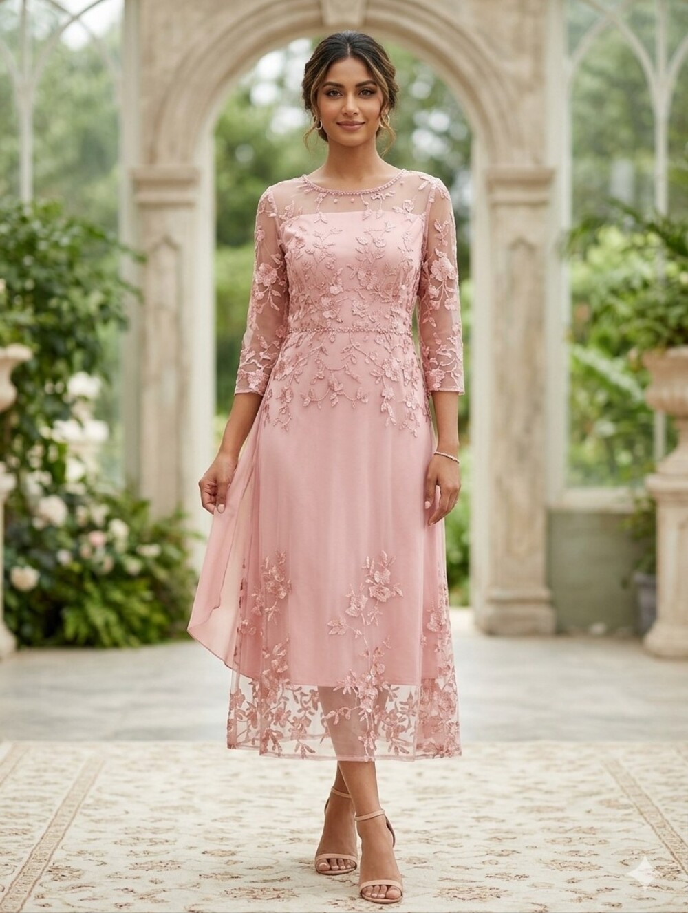 Chic Floral Lace Pink Prom Dress